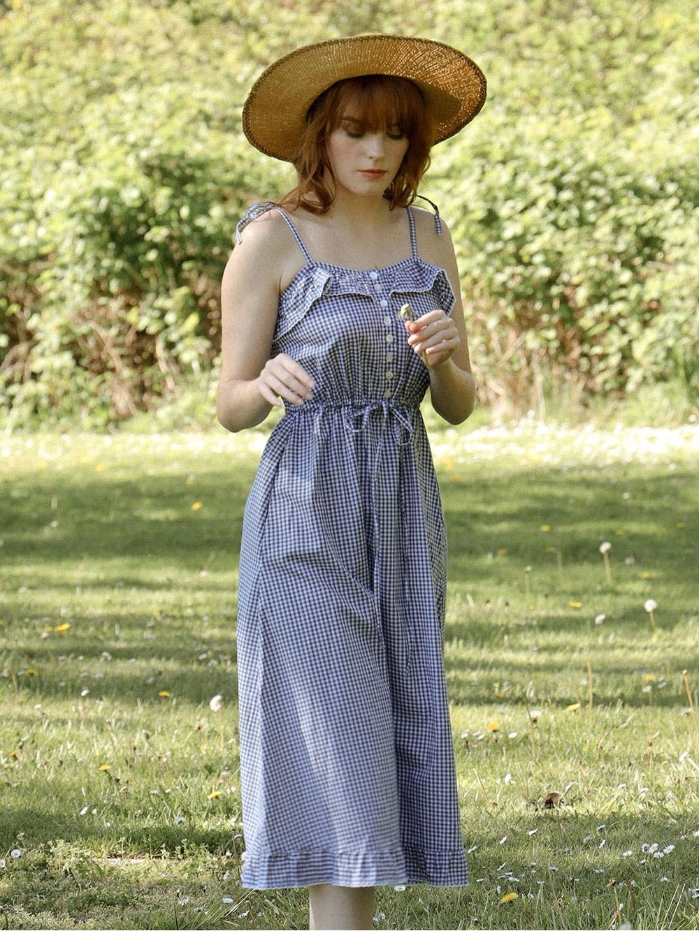 Women's Blue Gingham Midi Jumpsuit with Tie Waist